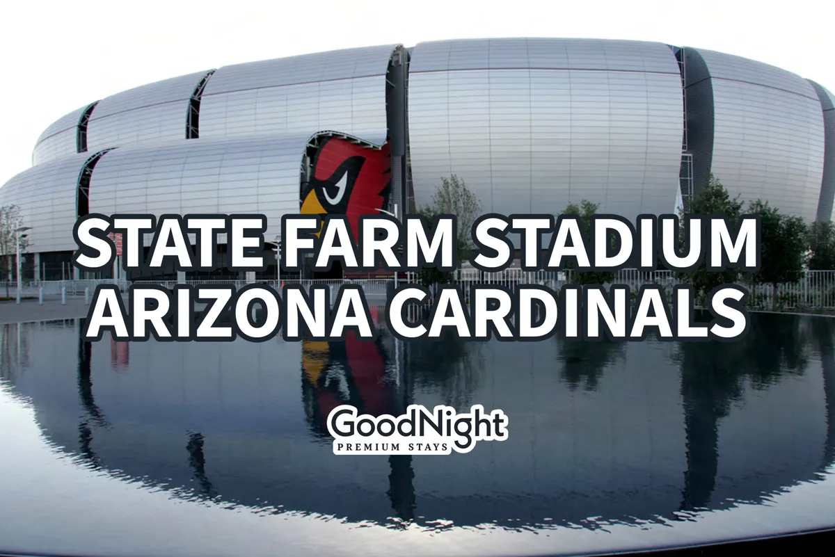A dynamic view of State Farm Stadium with its iconic Arizona Cardinals logo reflected in water, set against a backdrop of blue skies. The image conveys the excitement and accessibility of major sporting events nearby.