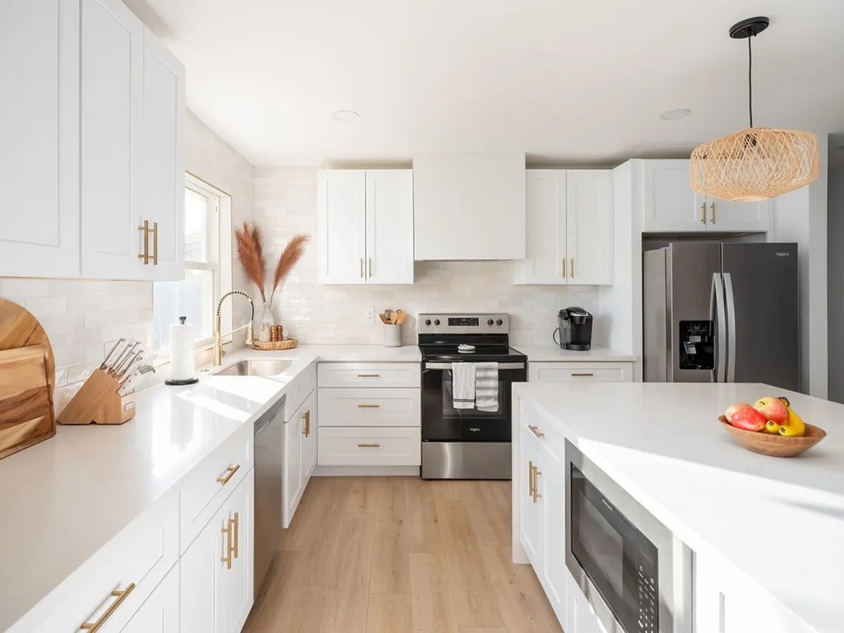 A sunlit modern kitchen with white cabinetry, stainless steel appliances, a spacious kitchen island, and a touch of decor with a fruit bowl and pampas grass. Natural light pours in through a window, making the space feel airy and inviting—ideal for cooking, meal prep, and gathering with family or friends.